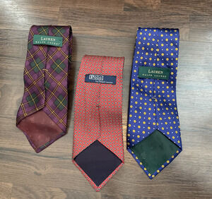 Lot of 3 Ralph Lauren Men's Ties Polo & RLL Plaid Geometric Polka Dot Blue Red